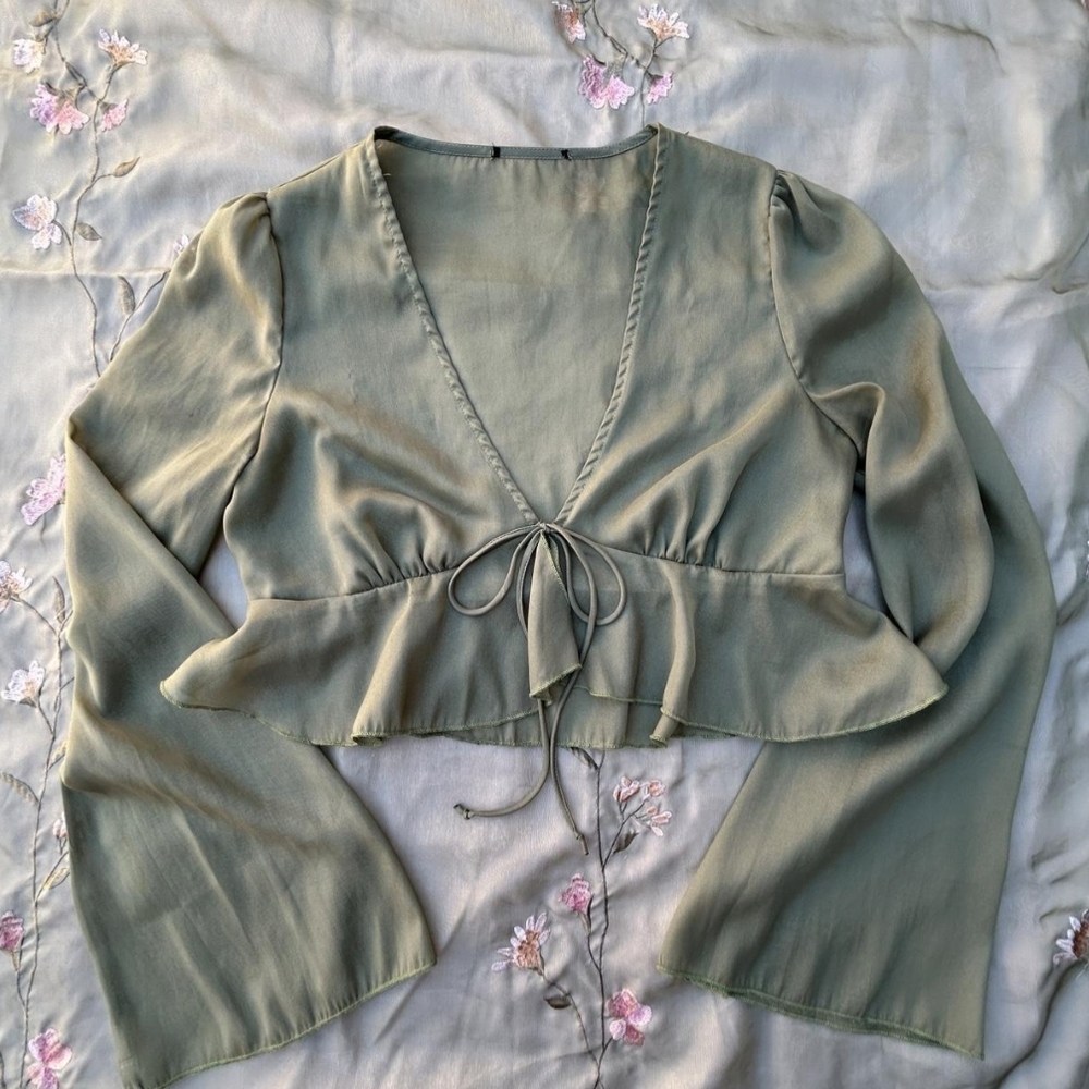 Green Peplum Tie Front Top